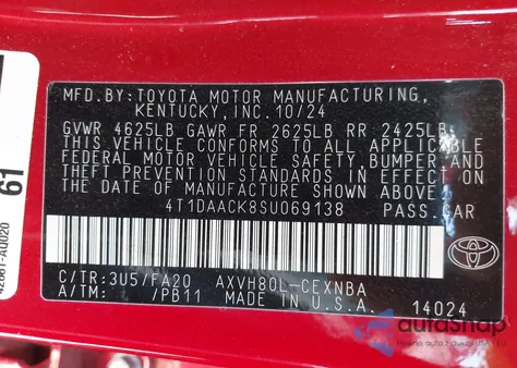 2025 Toyota Camry Le from USA, damaged, VIN 4T1DAACK8SU069138